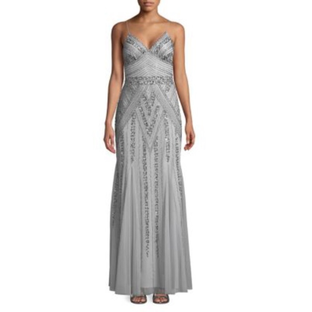 Beaded light blue gray prom dress